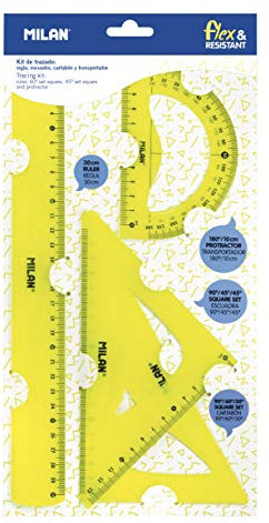 Milan Kit de trazado con regla 30cm, escuadra, cartabón y transportador, amarillo FLÚOR, NUEVO