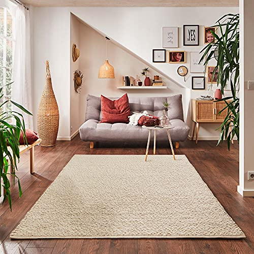 Steffensmeier Handweb Teppich Waldsee | Wolle (Schurwolle), Creme, handgewebt, Größe: 200x200 cm Wohnzimmer und Schlafzimmer