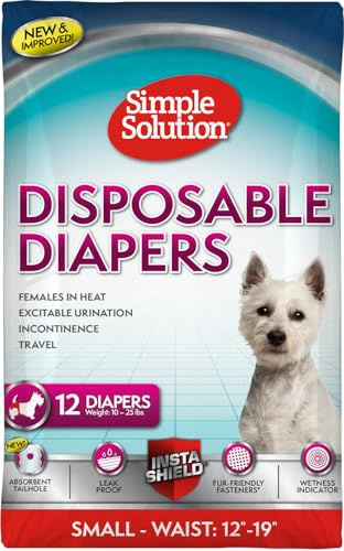 Simple Solution Disposable Dog Diapers for Female Dogs, True Fit, Absorbent, Leak Proof with Wetness Indicator, Puppy & Doggie Period Pad and Pee Diaper, For Small Pets,12–19-Inch Waist, 12 Count