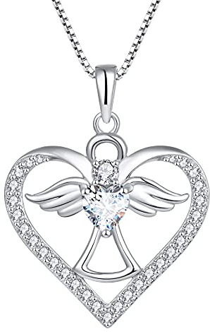 FJ Herz Schutzengel Kette Damen 925 Sterling Silber Engel Engelsflügel Halskette Anhänger Geburtsstein Zirkonia Kette Schmuck Geschenke für Frauen Mädchen