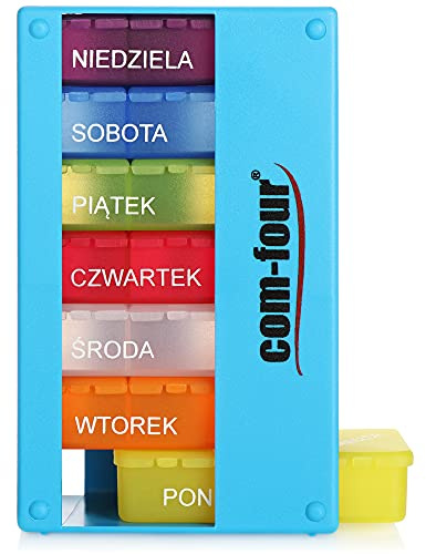 COM-FOUR® Medikamentendosierer auf POLNISCH, Medikamenten-Box für 7 Tage | 3 Fächer - Pillendose - Pillenbox - Tablettenbox - Wochendosierer zur Aufbewahrung [POLNISCH]