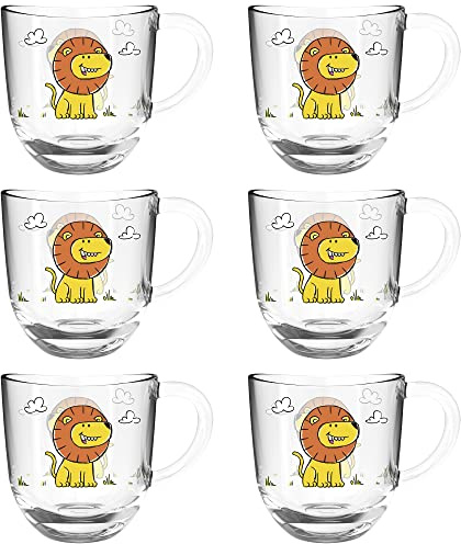 Leonardo Bambini Glas-Tassen 6er Set, Kinder-Becher aus Glas mit Tier-Motiv, spülmaschinengeeignete Tee-Tassen, Löwe orange, 6 Stück, 280 ml, 022898