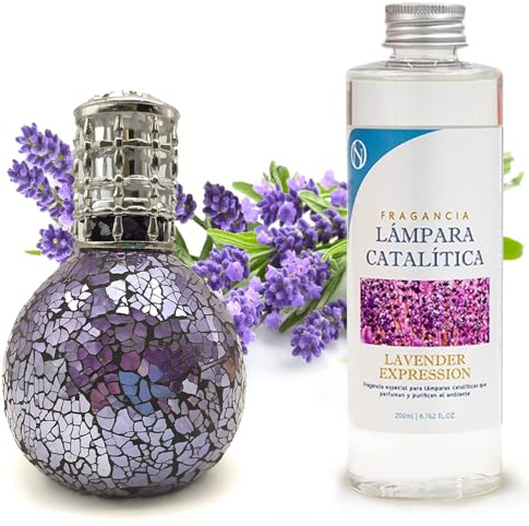 Pack Ahorro Lámpara Catalítica Mosaico Azul Océano + Fragancia Aroma Lavender 500ml. Elimina malos olores e impurezas, perfuma y limpia.