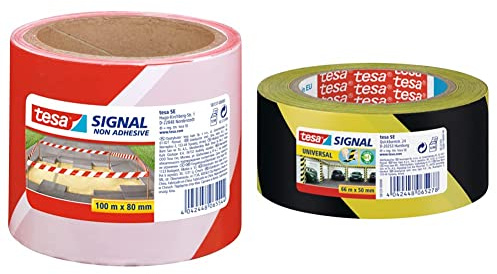 tesa® Signal Absperrband - Rot-Weiß, 100 m x 80 mm & Signal Markierungsklebeband UNIVERSAL - selbstklebendes Warnband zur permanenten Markierung - 66 m x 50 mm - Gelb/Schwarz, 1 Rolle