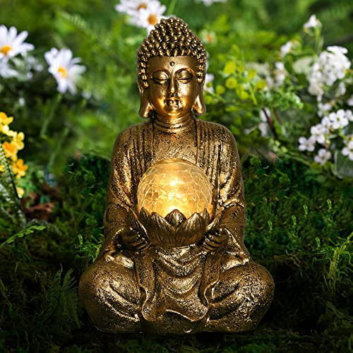 Yeomoo Meditation Statue de Bouddha Decoration Jardin Exterieur -Jardin Zen Figurine de Boudha Idee Cadeau Femme Maman,Lampe Globe Solaire avec Décoration en Verre pour Balcon,Patio,Porche l'or 26.5cm