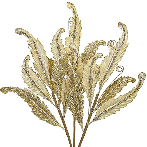 Oairse 68CM 3er Set Kunstpflanze Kunstzweig Weihnachten deko Glitzer, Weihnachten Blätter für Weihnachtsbaum Neujahr Ornamente, Künstliche Farn für Feiertags-Esstischdekoration, Gold