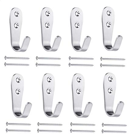 Mokife Gancho Perchero Pared, 8 Piezas Ganchos de Metal de Acero Inoxidable Individuales para Colgar Abrigos Ropa Túnicas Toallas Bolsas Sombreros Gorras Llaves Bufandas Tazas, Plata