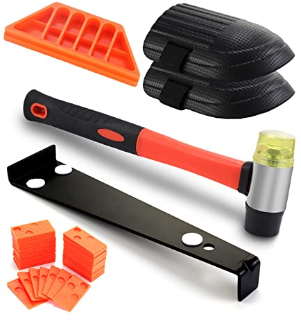 Moendergo 65 Stück Verlegeset für Laminatfußböden, Bodenwerkzeug Laminat Holzfußboden Installations Set mit Zugstange, Gewindeblock, rutschfester weicher Griff, Doppelseitiger Schlägel, Knieschoner