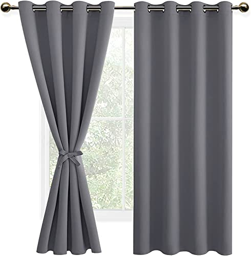 DWCN Vorhang Blickdicht mit Raffhalter Verdunkelungsgardinen mit Ösen 2 Stücke Thermogardine für Wohnzimmer Schlafzimmer Curtains Blackout Vorhang Wärmeisolierend Grau, 160x132cm(HxB)