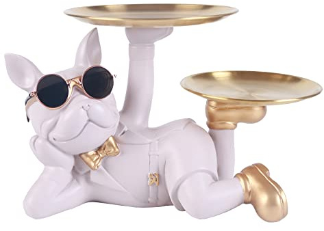 NUACOS FranzöSische Bulldogge Figur Coole Bulldog Skulptur Mit 2 Tablett Edelstahl,SchlüSsel Snack Halter,Home Desktop Ornament, Geschenkgeschenk FüR Hundeliebhaber (Grau)