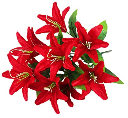 5 piezas de ramo de lirios simulados, 10 cabezas, orquídeas tigre pequeñas, celebración de boda, decoración de sala de estar, accesorios de flores falsas (rojo)