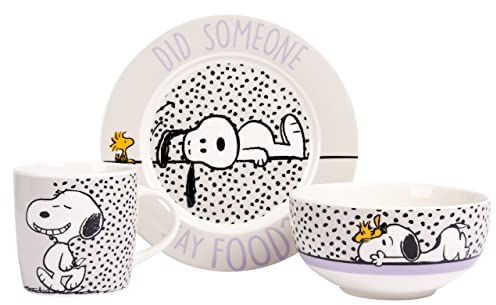 Set da colazione dei Peanuts Snoopy - Qualcuno ha detto cibo! Set di stoviglie 3 pezzi, piatto, ciotola e tazza in porcellana Bianco