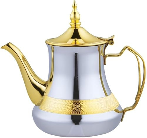Tetera árabe realizada en Acero Inoxidable con Filtro Integrado Auténtica Tradicional Modelo Grabado con Diseño Clásico Arabe Dorado - 1.8 LITROS