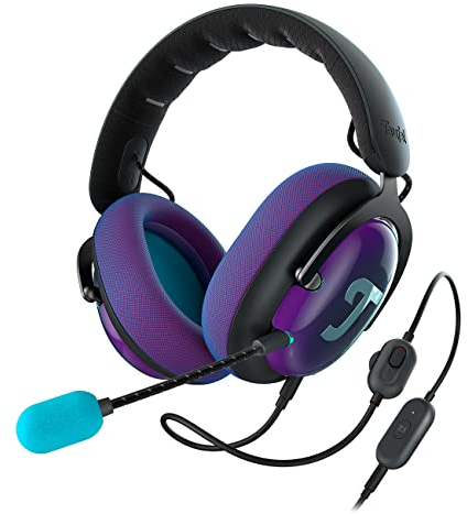 Teufel ZOLA Casque de jeu avec carte son USB 7.1, casque DTS : son surround X® 2.0, bras de microphone réglable avec microphone à condensateur HD, PC, ajustement confortable, noir/violet
