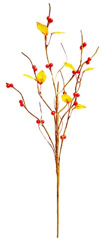 belupai 27,6 Zoll Künstlicher Roter Beerenstiel, 6 Stück Lebensechte Schaumstoff-Beerenzweige, Künstliche Beeren, Blumenpflücker mit Gelben Blättern, Weihnachts-Stechpalmen-Beerenzweig für(Rot)