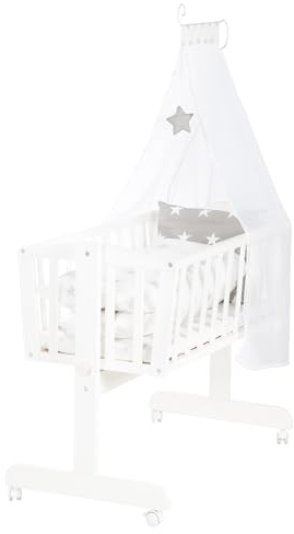 roba Babywiege Little Stars 40 x 90 cm aus Holz - Stubenwagen & Wiege - Bett-Set komplett mit Feststellfunktion & textiler Ausstattung - Weiß/Grau