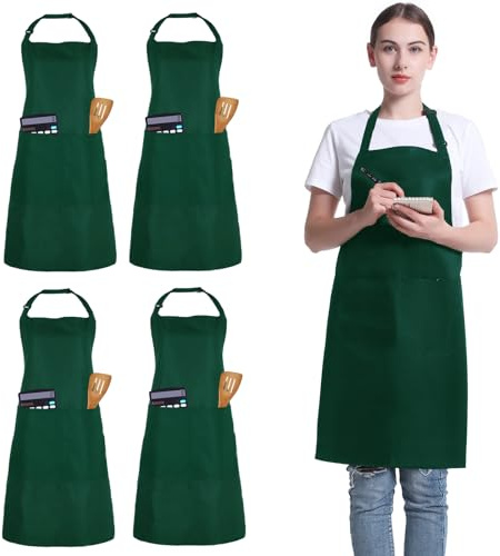 4 Packs Kochschürzen, Unisex verstellbare Schürzen mit 2 Taschen, personalisierte Schürzen für Männer Frauen, professionelle Schürze für Kochen, Gartenarbeit, Küche, Restaurant, Kaffeehaus (Grün)