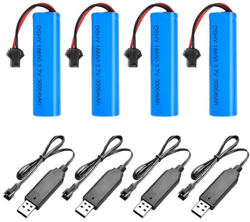 IXYHKB 4 baterías de iones de litio de 3,7 V 3000 mAh, 3,7 V 18650 baterías de litio recargables con 4 cargadores USB SM-2P Conector de enchufe, batería universal de iones de litio de 3,7 V para