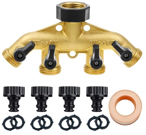 BYZESTY Distributeur 4 Voies, Raccord de Tuyau Laiton avec 4 Sorties Distributeur Débit d'eau Réglable, 3/4 Adaptateur de Robinet Tuyau, pour Extérieur/l'irrigation du Jardin, Robinet 4 Voies 3/4