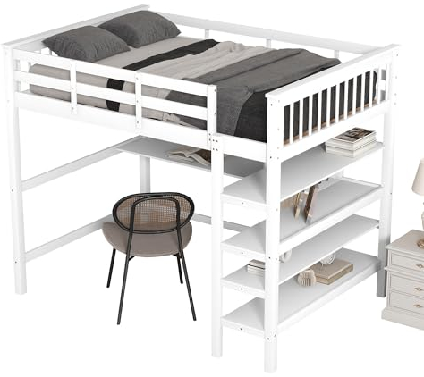 Azkoeesy Hochbett mit Schreibtisch und 4 Ablagen, 140 x 200 cm, Doppelbett, Jugendbett, mit Gitter und Lattenrost, für Teenager und Erwachsene, Weiß