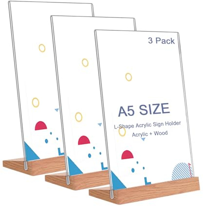 Rifeinoo Plexiglasständer A5 Holz vertikal, transparent, 3er Pack mit L-Basis, Menühalter, Preishalter, Preishalter A5