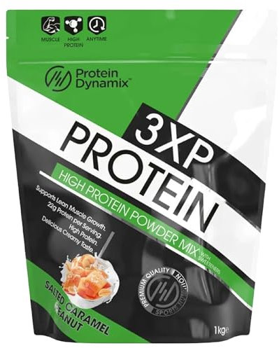 Protein Dynamix - 3XP Whey Protein Powder - Whey, Pea & Hydrolysed Wheat Protein Blend for Lean Muscle Growth - Salted Caramel Peanut Flavour - 22g Protein • 127kcal Per Serving - 1Kg
