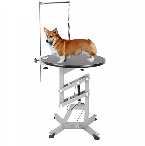 Drehbar Hundefriseur Tisch Trimmstein für Hunde Anhebbar Pneumatischer Tierpflegetisch 70-100cm, MDF Platte und Gummioberfläche für Haustiere(Gray)