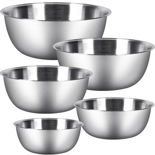 Chuner Set di ciotole per miscelazione [5 pezzi] in acciaio inox, in 5 misure (0,7 l/1,2 l/1,8 l/2,5 l/3,5 l), lavabili in lavastoviglie, insalatiere, ciotole e ciotole