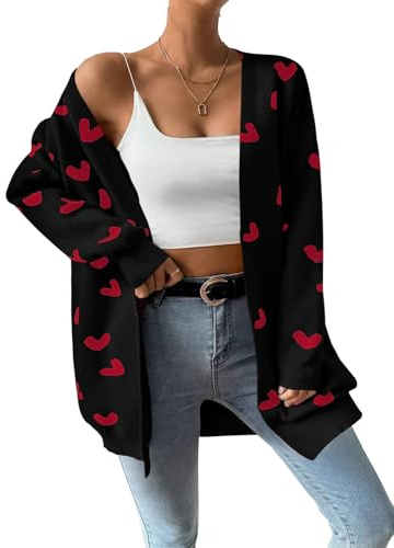 SECRETEYARD Damen-Strickjacke, niedliches Herz, übergroß, langärmelig, offene Vorderseite, Strickpullover, Schwarz, Large
