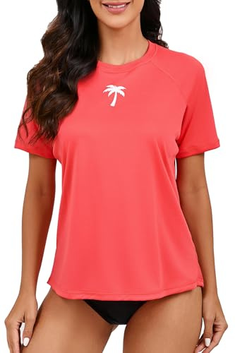 Halcurt Women's Short Sleeve Rash Guard Swim Shirt with Built in Bra UPF50+ Lightweight Quick Dry Swimsuit Top Peach Pink 2XL