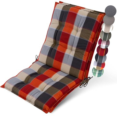 Beautissu 2er Set Premium Niedriglehner Auflage Gartenstuhl rutschfest | 100x50cm 8cm dick Orange-Beige kariert robust Polster Befestigungsbänder UV-Lichtechtheit 5 Gartenstuhlauflage Sun-NL