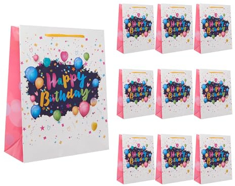 Idena 90247 - Geschenktüten Happy Birthday Ballons, 10 Stück, Geschenktaschen in der Größe 18 x 23 x 8 cm, Papiertüten mit Schriftzug und bunten Luftballons