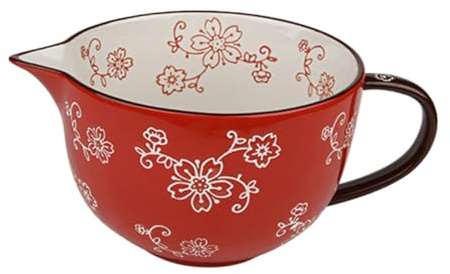FONDOTIN Mixing Bowl with Pouring Spout Red Ceramic Egg Mixing Bowl for Kitchen Home Baking and Cooking
