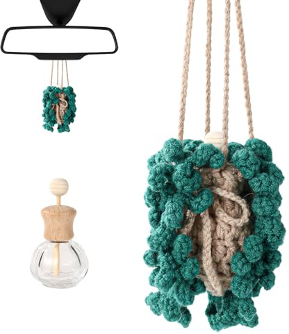 Crochet Car Air Freshener, Cute Crochet Fern Plant Car Air Freshener Hanging with 12ml Aromatherapy Bottle for Car Mirror Ornaments Ladies Car Accessories
