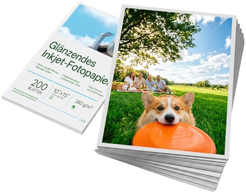 A6 Papel Fotográfico para Impresora de Tinta, 200 Hojas,260 g/m²,Brillante, Papel Grueso de Premium Secado Instantáneo, Ideal para Tarjetas Postales y Fotos Profesionales A6(10,16x15,24cm)