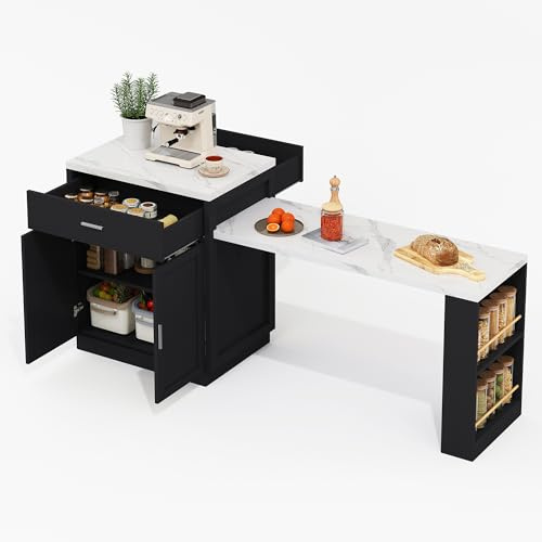 KecDuey Mueble de cocina, isla de cocina con mesa de comedor extensible para 4-6 personas, mesa de cocina bicolor con enchufe, armario de almacenamiento, 2 cajones, 2 estantes abiertos a los lados