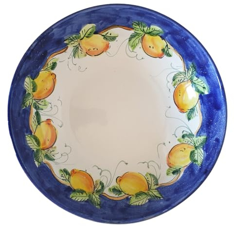 Ensaladera con limones y borde azul de cerámica pintada a mano por Vietri, fabricada en Italia (diámetro 30 cm, altura 10 cm)