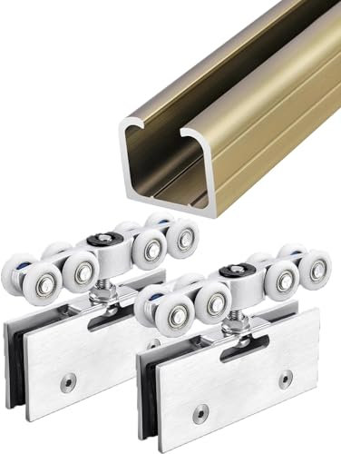 Minglez sliding door kit Heavy Duty Pocket Door Track Champagne Gold, Pulley Barn Door Hardware Kit for Cabinets/Bifold Doors/Closet, Glass Door(Wheel 2,7.5FT/2.28M)