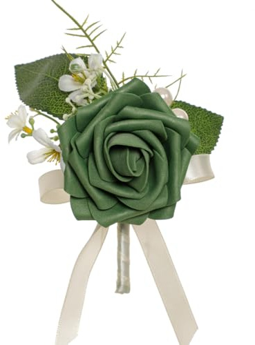 Fiore all'occhiello fatto a mano in raso con perle finte, elegante spilla floreale a foglia verde per matrimoni, balli ed eventi formali, leggera, unisex, in confezione regalo, Grande, Seta