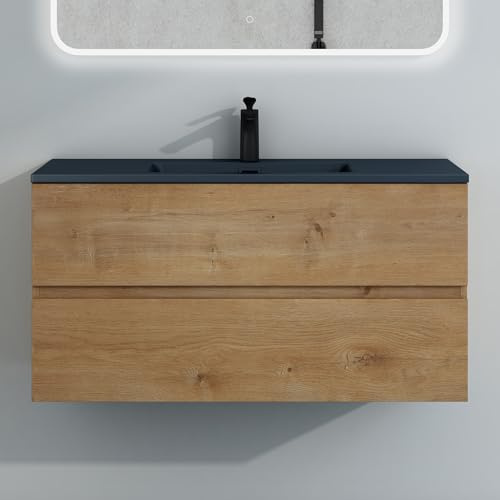Mai & Mai Waschtisch mit Unterschrank Waschbecken Waschbeckenunterschrank | Badmöbel-Set 100x48x50cm Kerneiche, mit Waschbecken in Anthrazit, 2-Schubladen Soft-Close Aqualis
