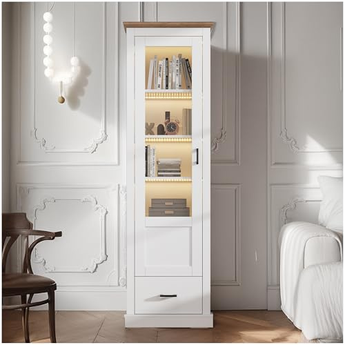 Wyibwy Vetrina in legno, 50x30x178cm, con porta USB e illuminazione LED, con cassetti e ante in vetro, vetrina soggiorno moderna, bianco opaco, libreria con ante