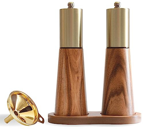 Goldenes Salz- und Pfeffermühlen-Set mit Holzsockel, kostenlosem goldenen Trichter, manuellem Salzstreuer und Pfeffermühle aus Edelstahl, einstellbare Dicke, geeignet for die Küche