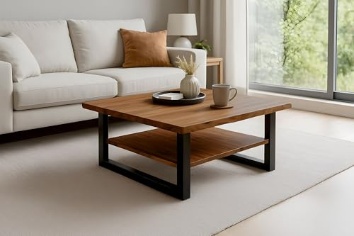 SAM Couchtisch Patrick 90x90 cm Akazie Honig U-Gestell schwarz | Akazienholz massiv + honigfarben, Sofatisch mit Ablage, echte Baumkante, Beistelltisch, Metallgestell