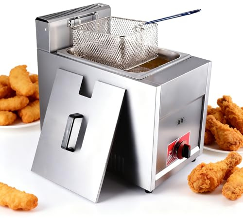friggitrice a gas 6L, friggitrice a chip in acciaio inossidabile a serbatoio singolo con coperchio | Cestino per patatine fritte, uso domestico e commerciale