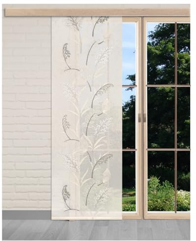 Flächengardine Cecilia mit Gräsern Vogtländische Spitze | Schiebepaneele Pflanzenmotiv in natur | Flächenvorhang cremefarben halbtransparent | Schiebegardine Käseleinenoptik Höhe x Breite 93 x 60 cm