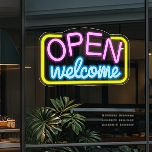 Dhqkqg LED Neon Welcome Open Sign, 16.9''x9'' Open Sign for Business, Dimmable Opens Signs for Business, Ultra Electric Light Up Signs with ON/OFF Switch, Powered by USB, for Stores, Restaurants, Bar