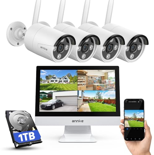 ANNKE 3MP Überwachungskamera Set Aussen WLAN mit 12''Monitor, 10CH 4K Wireless NVR mit 4 Pcs 3MP WiFi Kameras, 2-Wege-Audio, Personenerkennung, 24/7 Aufnahme, 30M Nachtsicht für Aussen, Innen, 1TB HDD