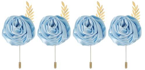 QUARKZMAN 4 Stück Blumen Broschen Blau, Bandrosen Seidenmaterial, Hochwertige Broschen für Kleidung, Lange Nadelform Ansteckblume