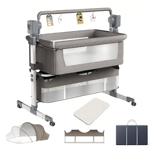 Aveainelle Cuna Colecho Bebe Eléctrica Smart con Bluetooth, Música, Cuna Colecho Plegable y Convertible, Cama Ajustable para Recién Nacidos con Remoto, Cesta de Almacenamiento y Ruedas (Gris Claro)