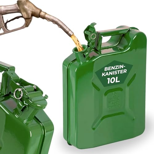 STREND PRO Benzinkanister 10l Metall | Robuster Kanister 10 liter für Benzin & Diesel | Kraftstoffkanister | Dieselkanister für Reserve | Kombikanister motorsäge | Grün mit UN-Zulassung | Benzintank